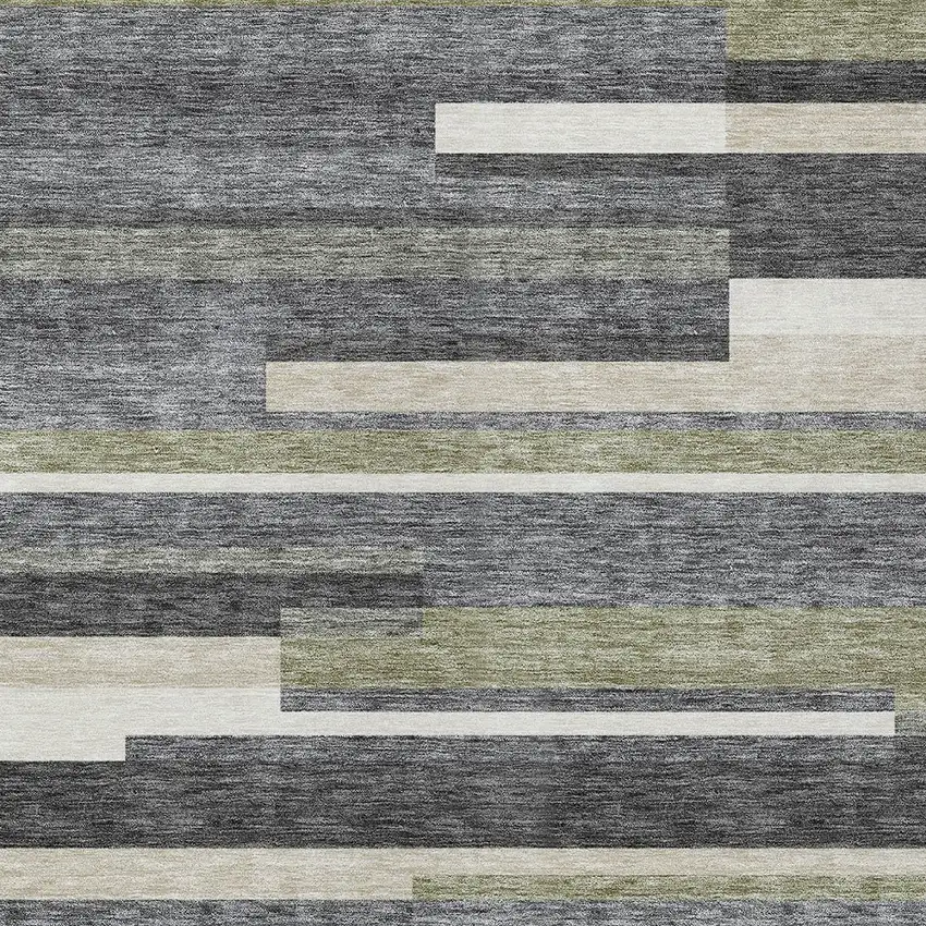 Charcoal Gray And Silver Striped Washable Indoor Outdoor Area Rug Photo 4