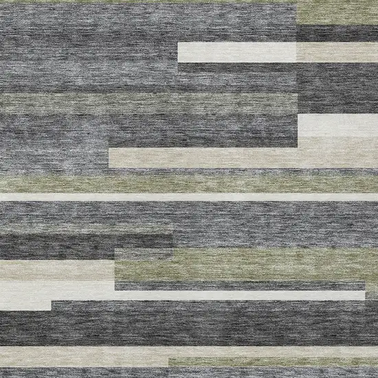 Charcoal Gray And Silver Striped Washable Indoor Outdoor Area Rug Photo 4