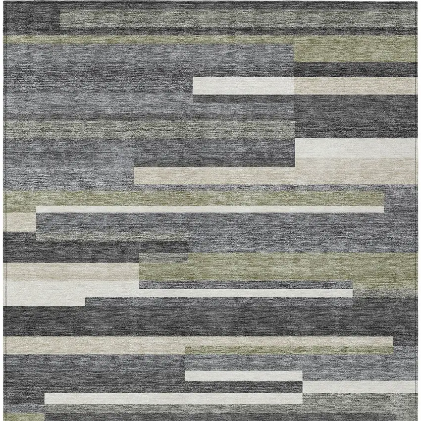 Charcoal Gray And Silver Striped Washable Indoor Outdoor Area Rug Photo 5