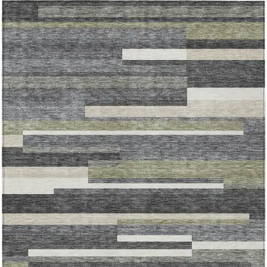 Charcoal Gray And Silver Striped Washable Indoor Outdoor Area Rug Photo 5