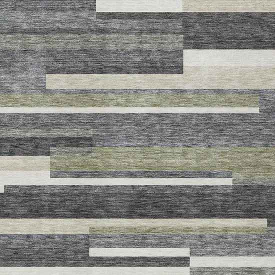 Charcoal Gray And Silver Striped Washable Indoor Outdoor Area Rug Photo 4