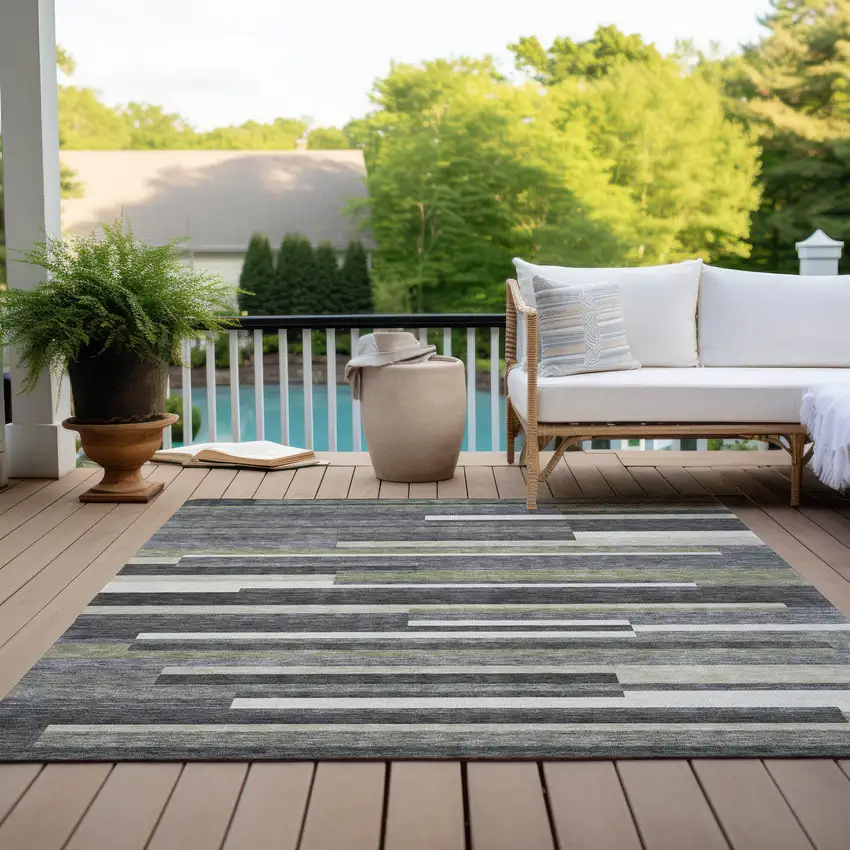 Charcoal Gray And Silver Striped Washable Indoor Outdoor Area Rug Photo 9