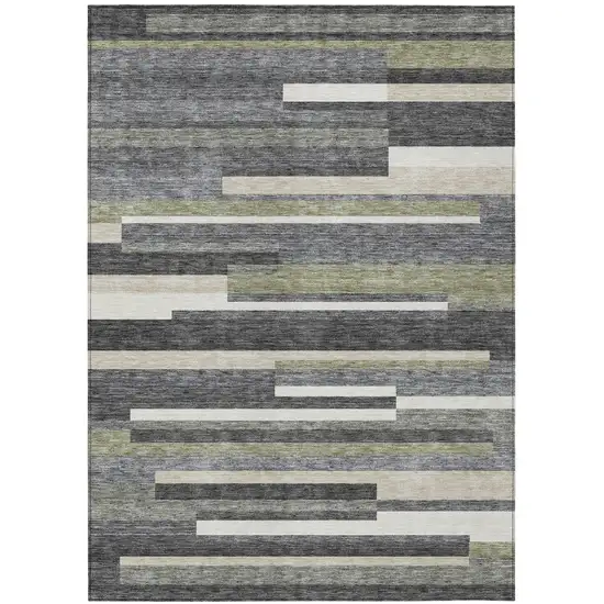 Charcoal Gray And Silver Striped Washable Indoor Outdoor Area Rug Photo 1
