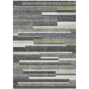 Photo of Charcoal Gray And Silver Striped Washable Indoor Outdoor Area Rug