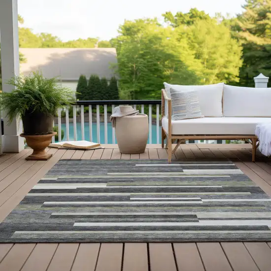 Charcoal Gray And Silver Striped Washable Indoor Outdoor Area Rug Photo 9