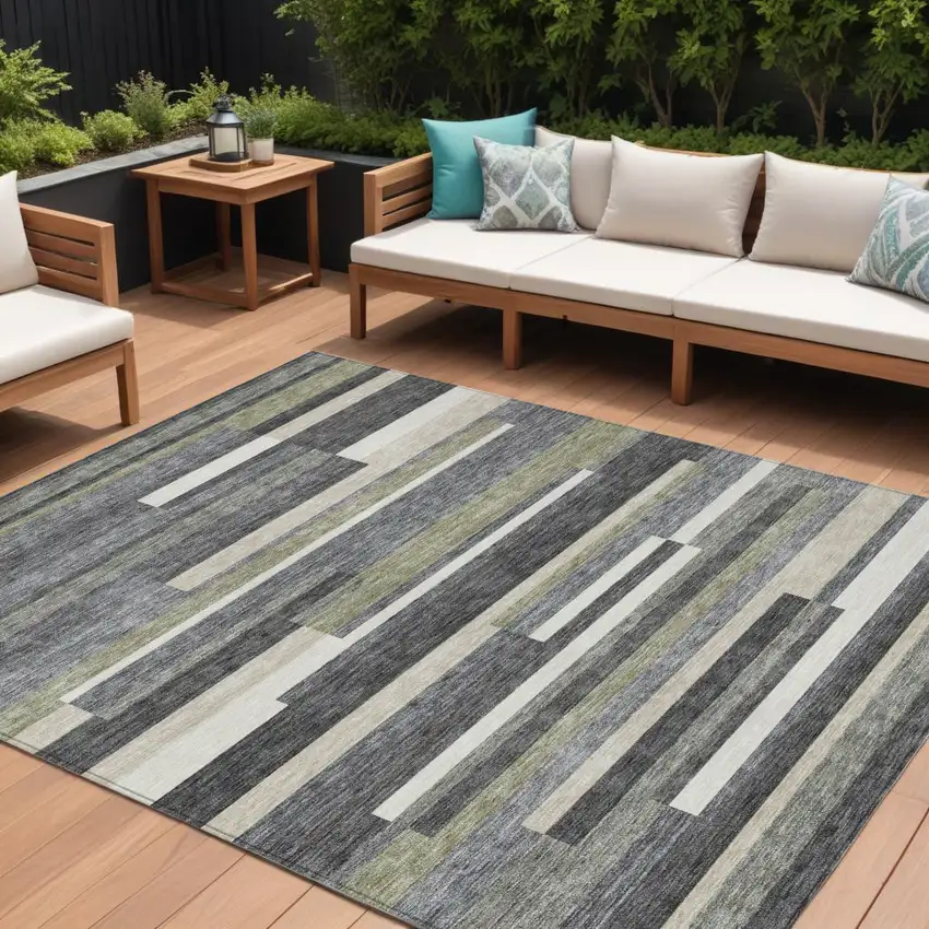 Charcoal Gray And Silver Striped Washable Indoor Outdoor Area Rug Photo 1