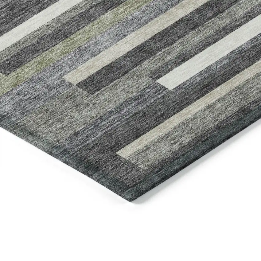 Charcoal Gray And Silver Striped Washable Indoor Outdoor Area Rug Photo 3