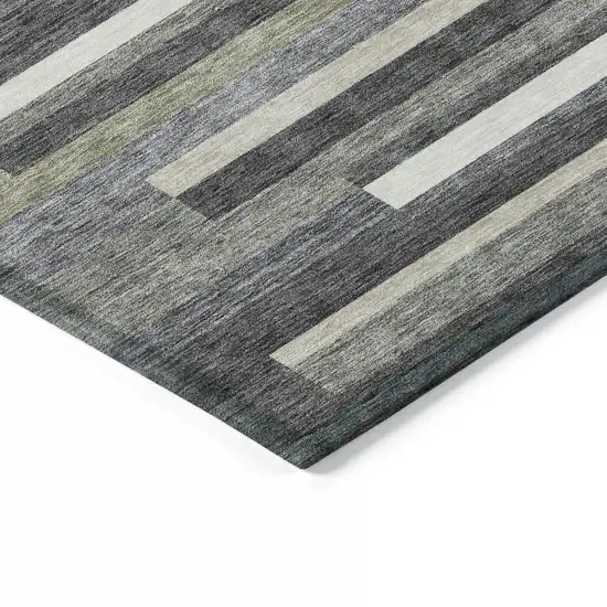 Charcoal Gray And Silver Striped Washable Indoor Outdoor Area Rug Photo 3