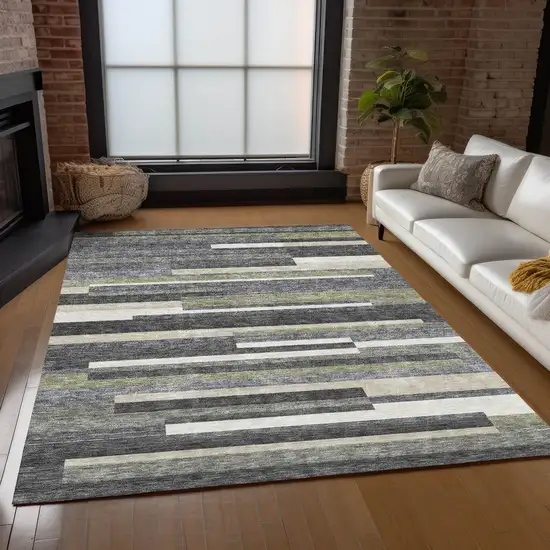 Charcoal Gray And Silver Striped Washable Indoor Outdoor Area Rug Photo 8
