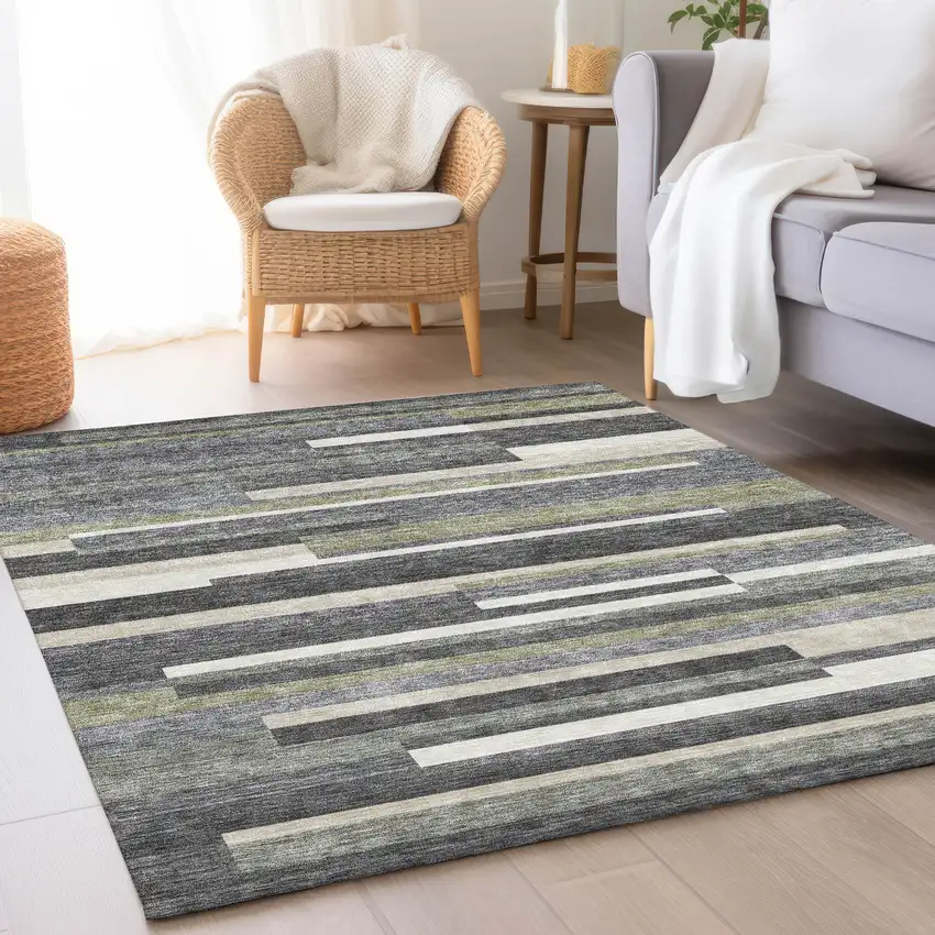 Charcoal Gray And Silver Striped Washable Indoor Outdoor Area Rug Photo 7