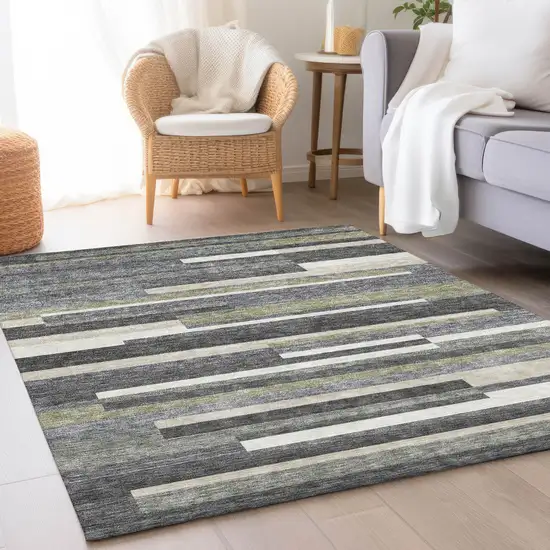 Charcoal Gray And Silver Striped Washable Indoor Outdoor Area Rug Photo 7