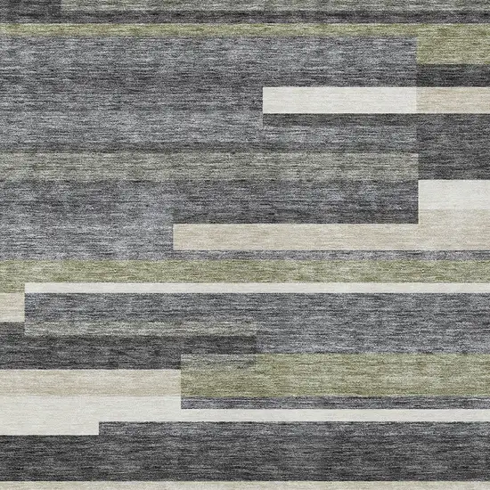 Charcoal Gray And Silver Striped Washable Indoor Outdoor Area Rug Photo 4