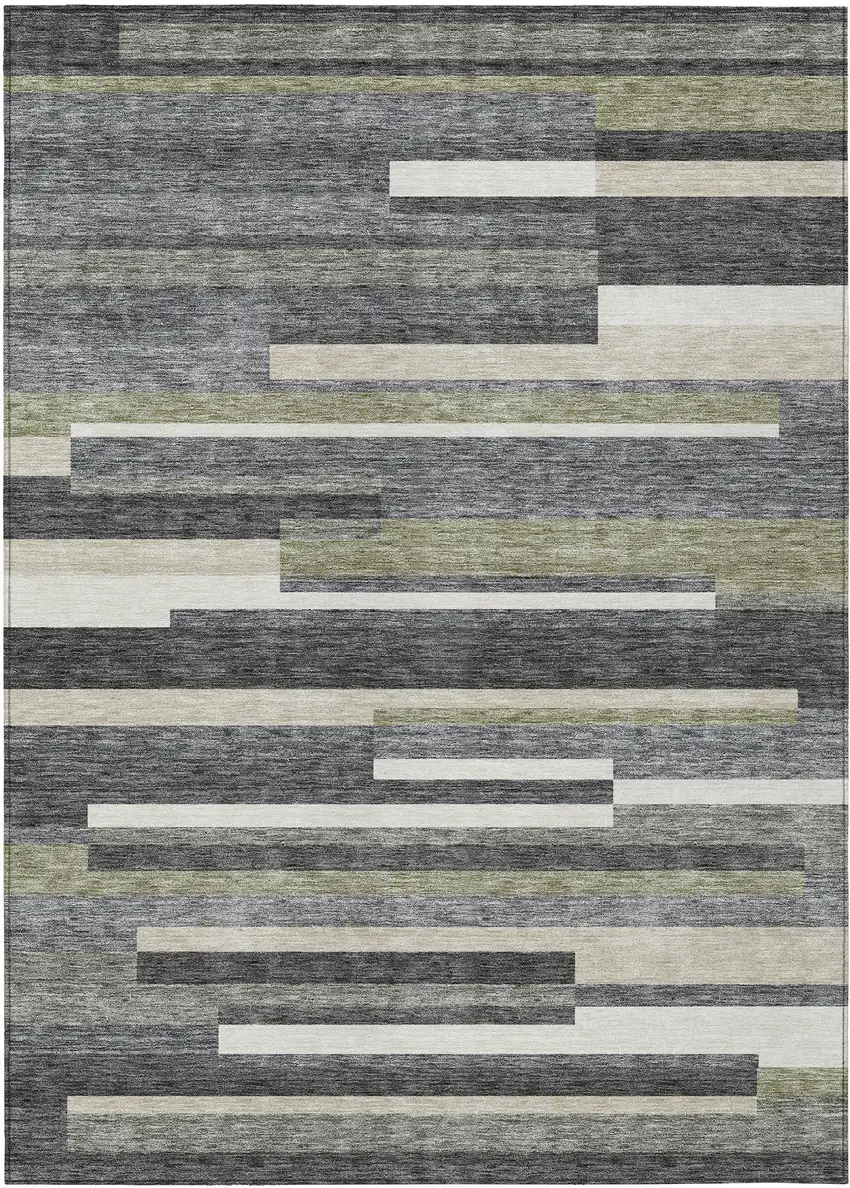 Charcoal Gray And Silver Striped Washable Indoor Outdoor Area Rug Photo 1