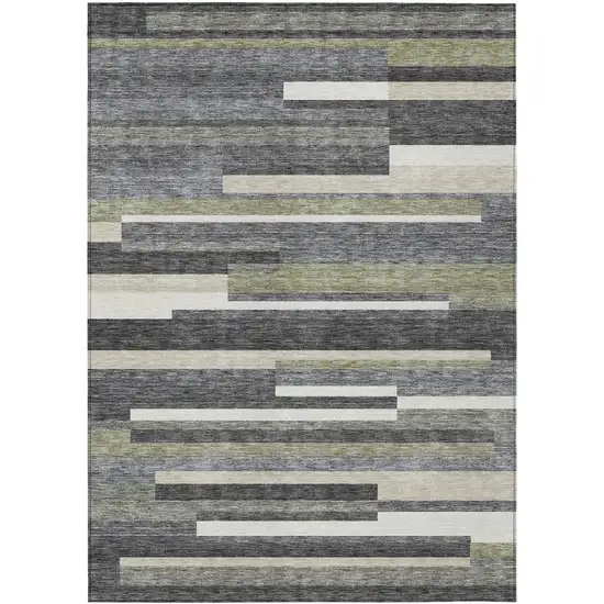 Charcoal Gray And Silver Striped Washable Indoor Outdoor Area Rug Photo 1