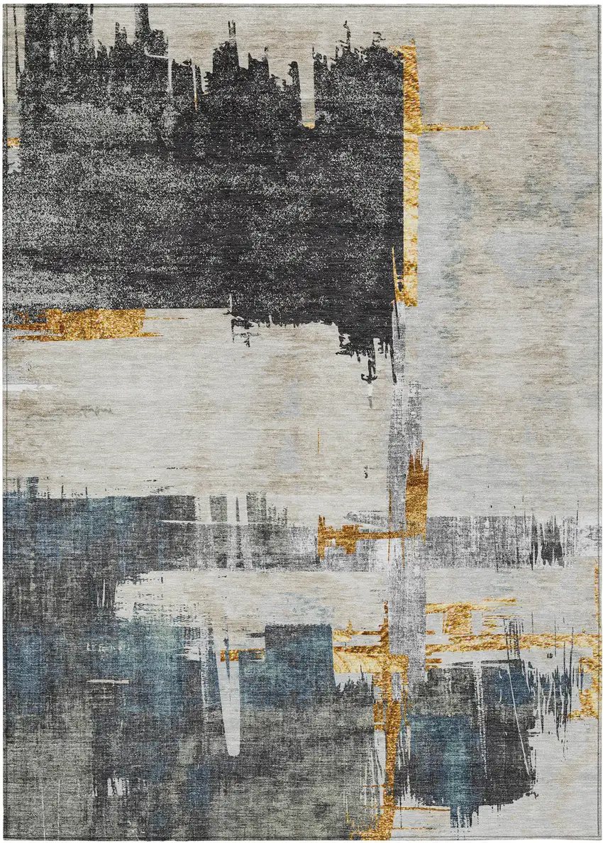 Charcoal Gray And Tan Abstract Washable Indoor Outdoor Area Rug Photo 2