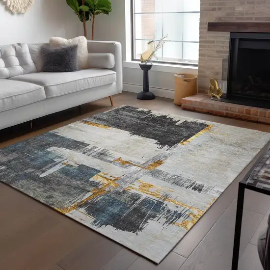 Charcoal Gray And Tan Abstract Washable Indoor Outdoor Area Rug Photo 9