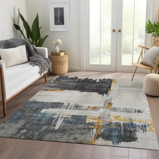 Charcoal Gray And Tan Abstract Washable Indoor Outdoor Area Rug Photo 8