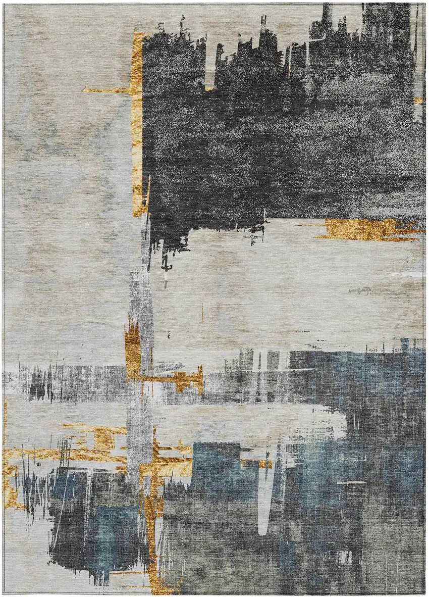 Charcoal Gray And Tan Abstract Washable Indoor Outdoor Area Rug Photo 6