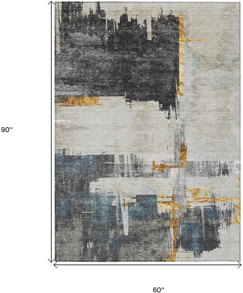 Charcoal Gray And Tan Abstract Washable Indoor Outdoor Area Rug Photo 3