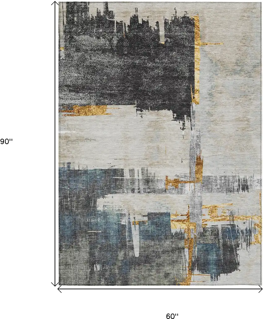 Charcoal Gray And Tan Abstract Washable Indoor Outdoor Area Rug Photo 3