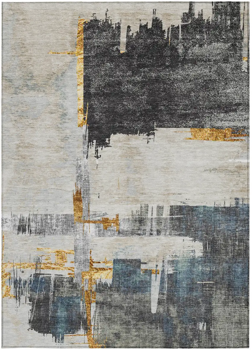 Charcoal Gray And Tan Abstract Washable Indoor Outdoor Area Rug Photo 5