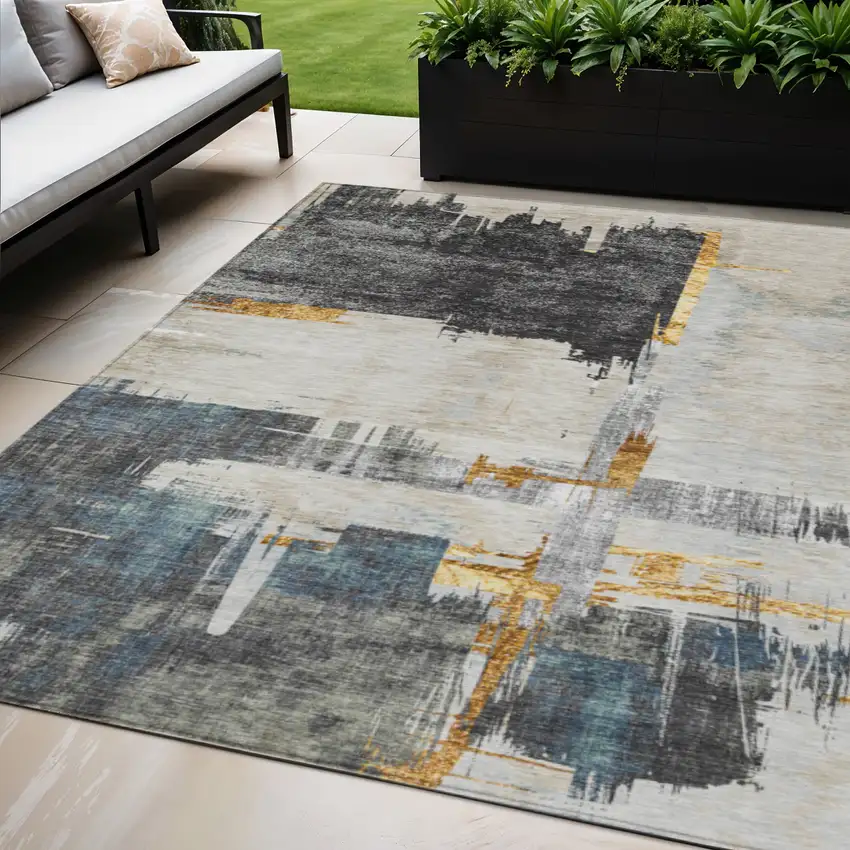 Charcoal Gray And Tan Abstract Washable Indoor Outdoor Area Rug Photo 1