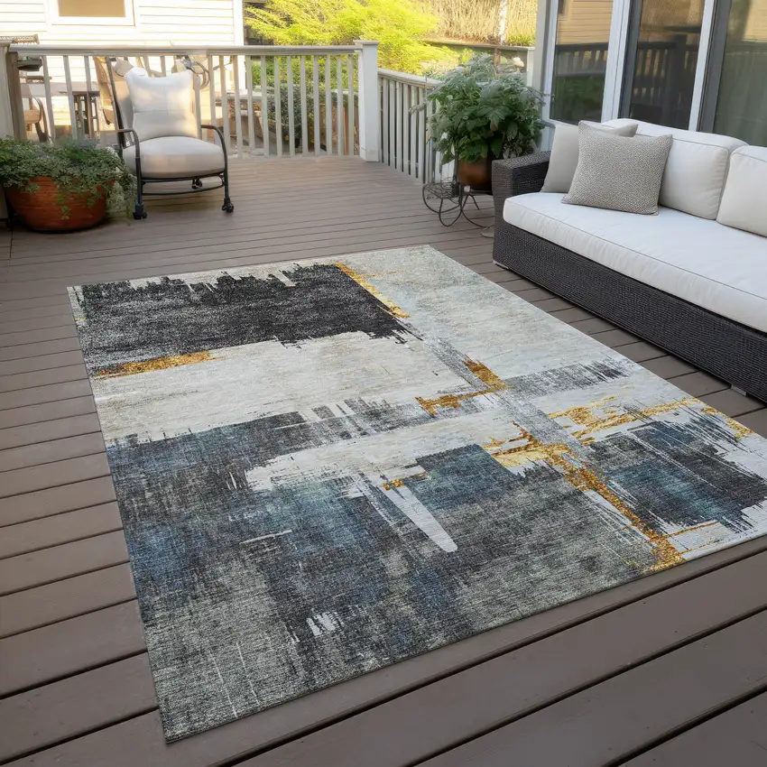 Charcoal Gray And Tan Abstract Washable Indoor Outdoor Area Rug Photo 9