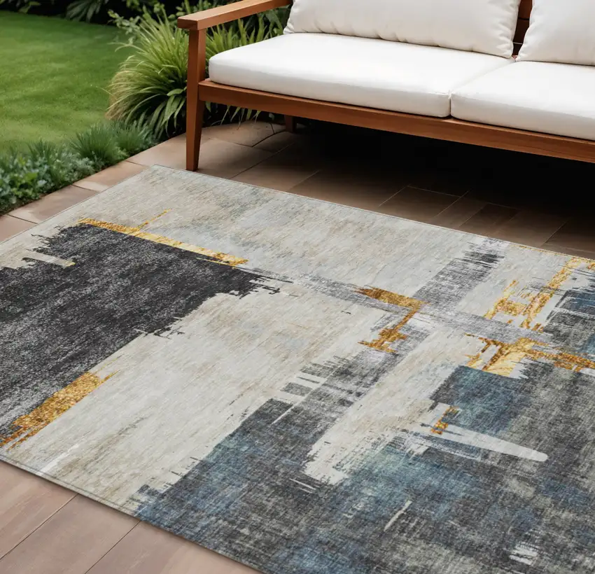 Charcoal Gray And Tan Abstract Washable Indoor Outdoor Area Rug Photo 1