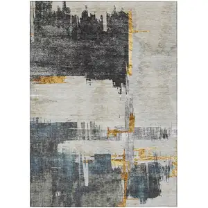 Photo of Charcoal Gray And Tan Abstract Washable Indoor Outdoor Area Rug