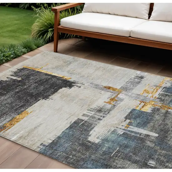 Charcoal Gray And Tan Abstract Washable Indoor Outdoor Area Rug Photo 1
