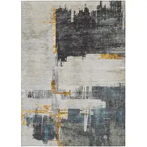 Photo of Charcoal Gray And Tan Abstract Washable Indoor Outdoor Area Rug