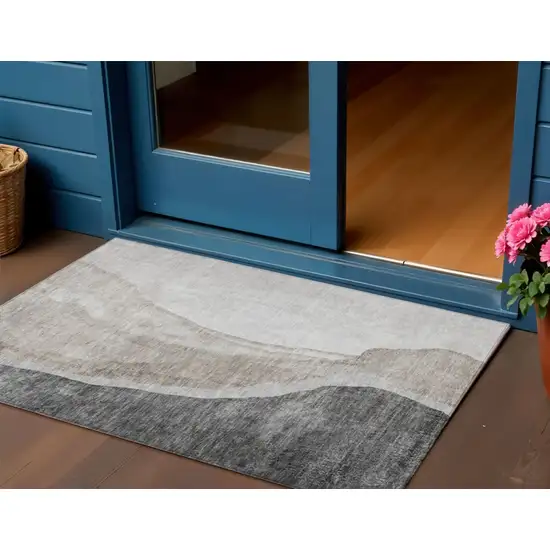 Charcoal Gray And Taupe Abstract Washable Indoor Outdoor Area Rug Photo 1