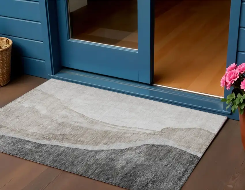 Charcoal Gray And Taupe Abstract Washable Indoor Outdoor Area Rug Photo 1