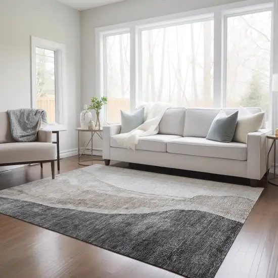 Charcoal Gray And Taupe Abstract Washable Indoor Outdoor Area Rug Photo 9