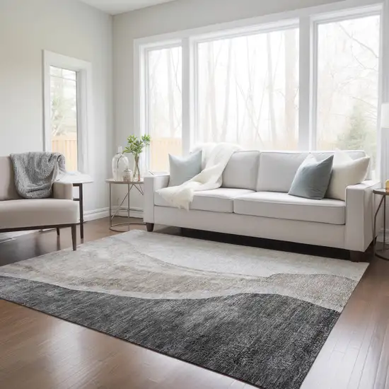Charcoal Gray And Taupe Abstract Washable Indoor Outdoor Area Rug Photo 9