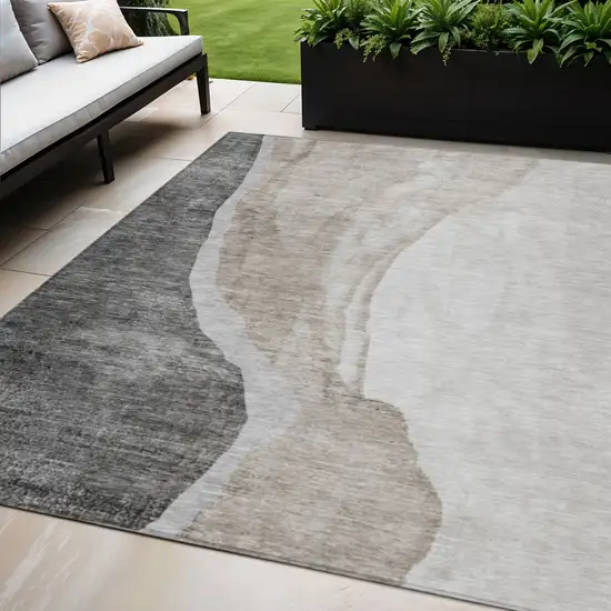Charcoal Gray And Taupe Abstract Washable Indoor Outdoor Area Rug Photo 1