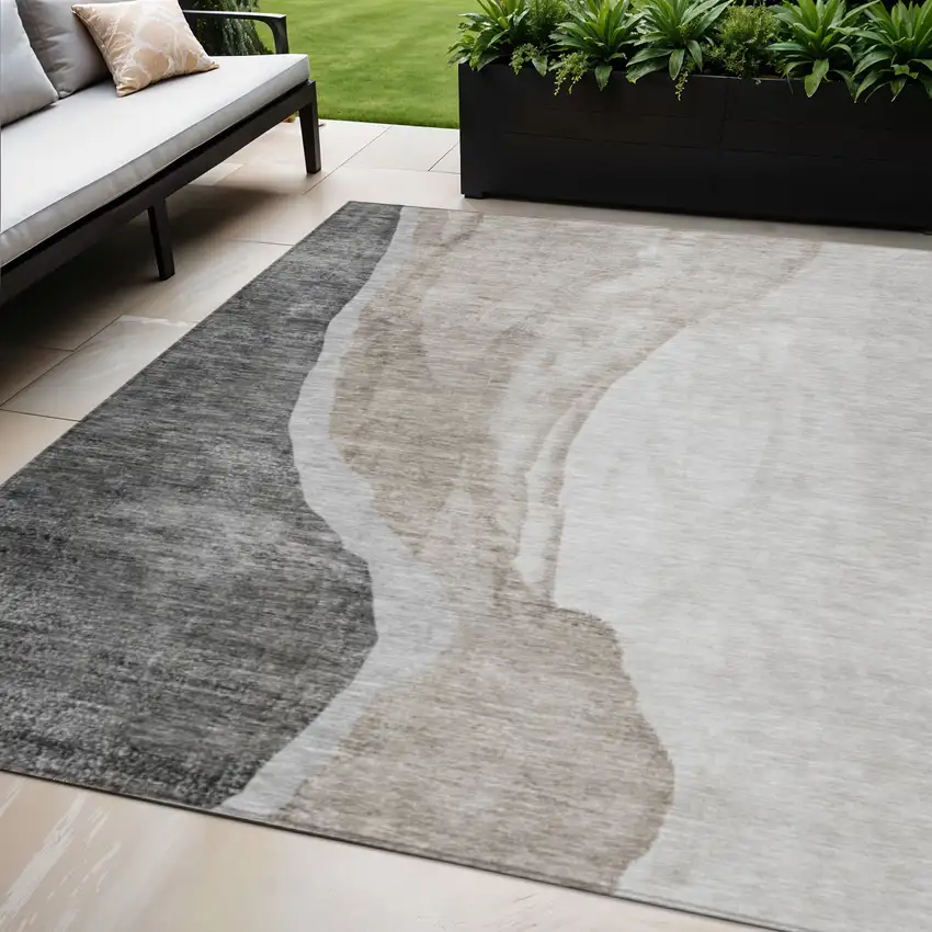 Charcoal Gray And Taupe Abstract Washable Indoor Outdoor Area Rug Photo 1