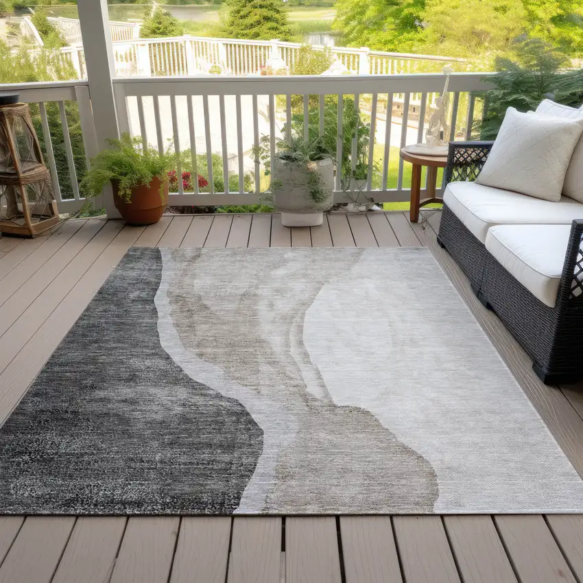 Charcoal Gray And Taupe Abstract Washable Indoor Outdoor Area Rug Photo 8