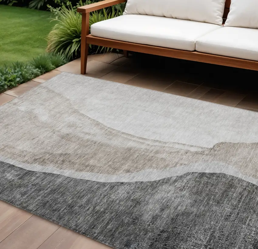 Charcoal Gray And Taupe Abstract Washable Indoor Outdoor Area Rug Photo 1