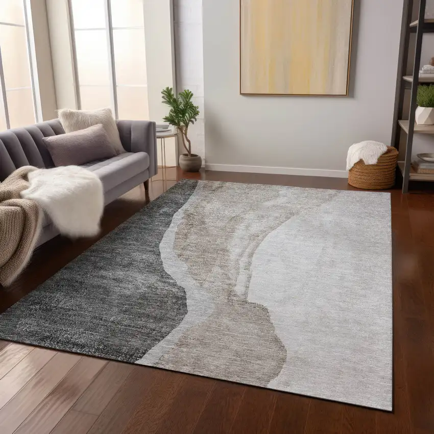 Charcoal Gray And Taupe Abstract Washable Indoor Outdoor Area Rug Photo 9