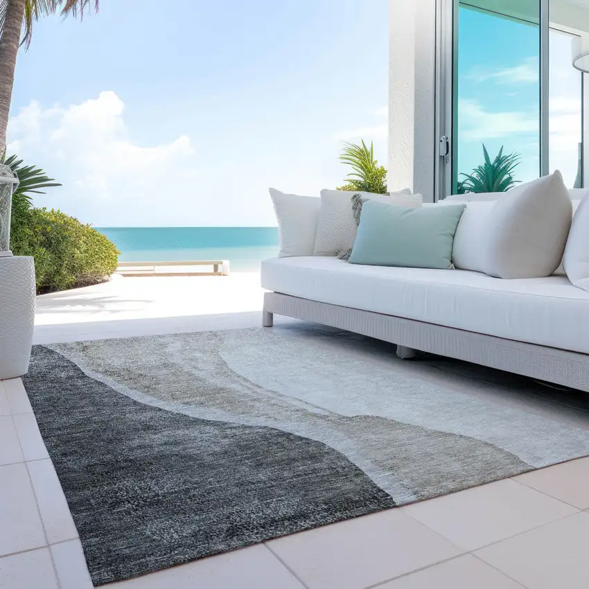 Charcoal Gray And Taupe Abstract Washable Indoor Outdoor Area Rug Photo 9