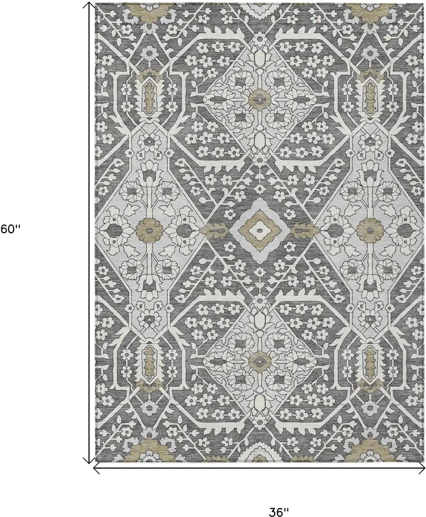 Charcoal Gray And Taupe Floral Washable Indoor Outdoor Area Rug Photo 3