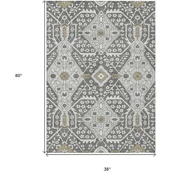 Charcoal Gray And Taupe Floral Washable Indoor Outdoor Area Rug Photo 3