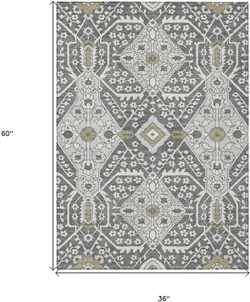 Charcoal Gray And Taupe Floral Washable Indoor Outdoor Area Rug Photo 3
