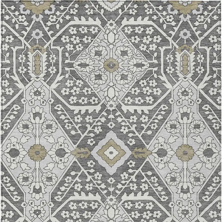 Charcoal Gray And Taupe Floral Washable Indoor Outdoor Area Rug Photo 7
