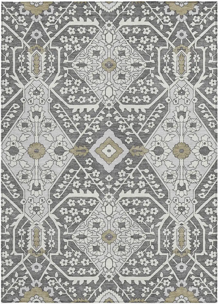 Charcoal Gray And Taupe Floral Washable Indoor Outdoor Area Rug Photo 8