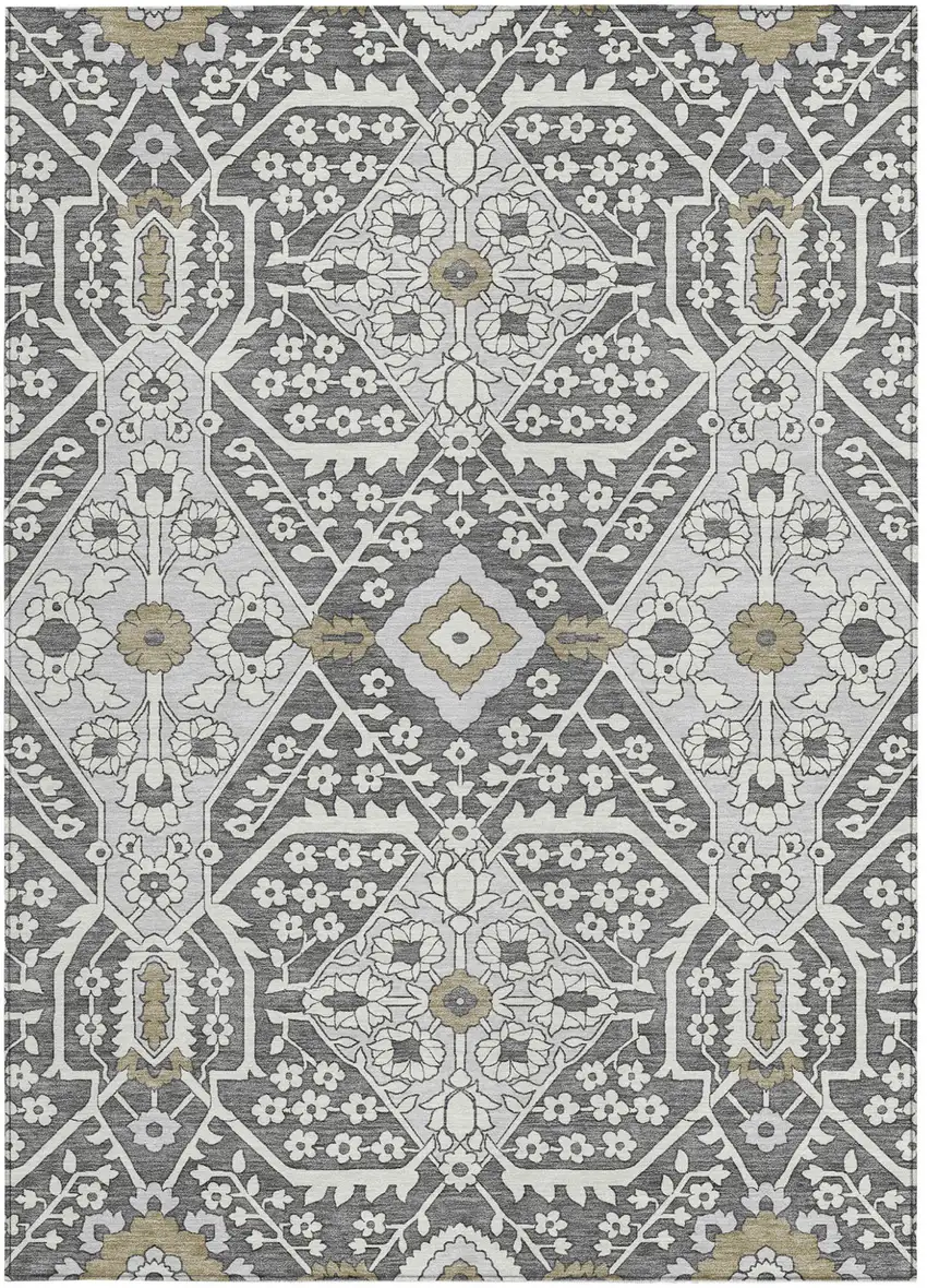 Charcoal Gray And Taupe Floral Washable Indoor Outdoor Area Rug Photo 8
