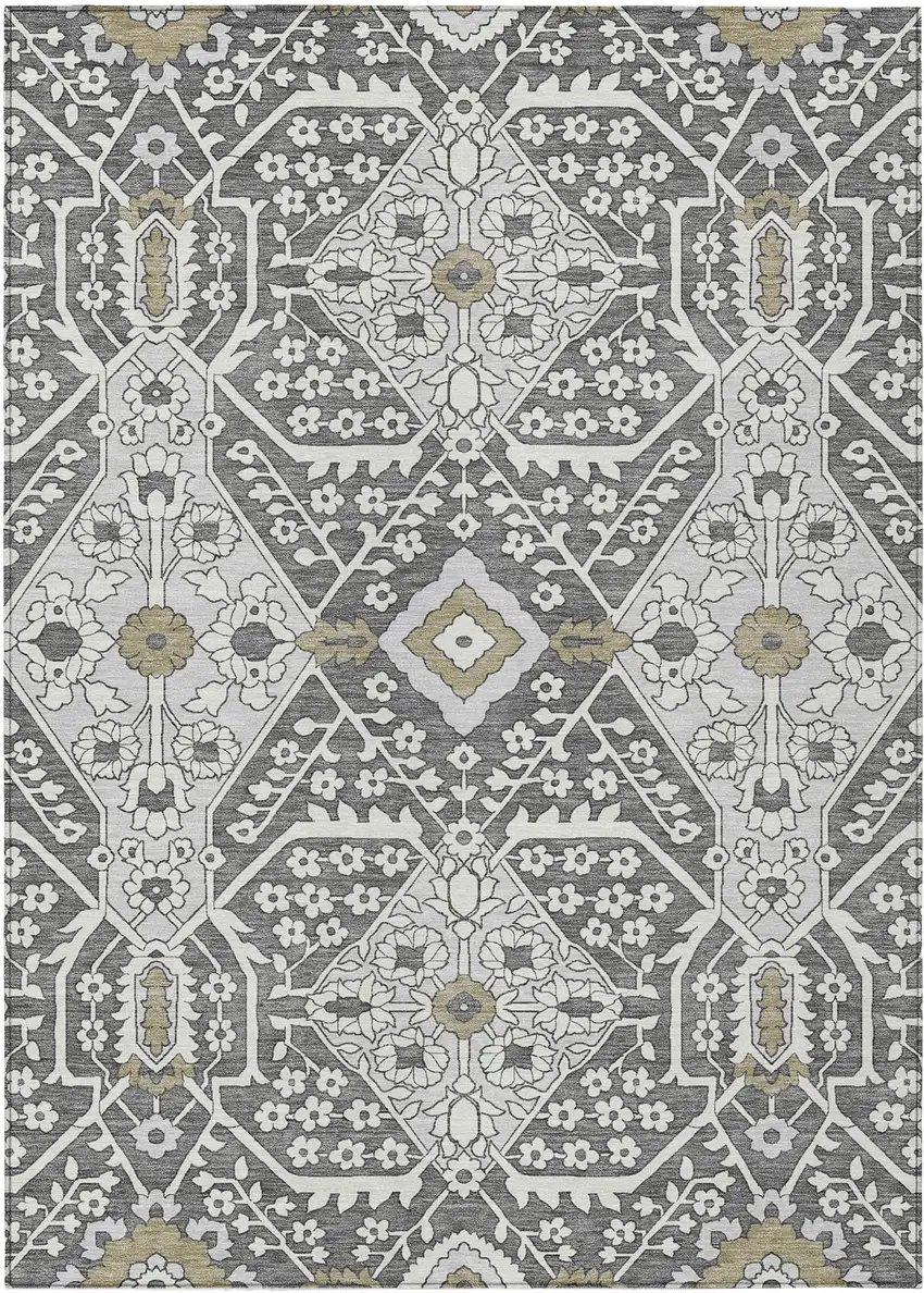 Charcoal Gray And Taupe Floral Washable Indoor Outdoor Area Rug Photo 2