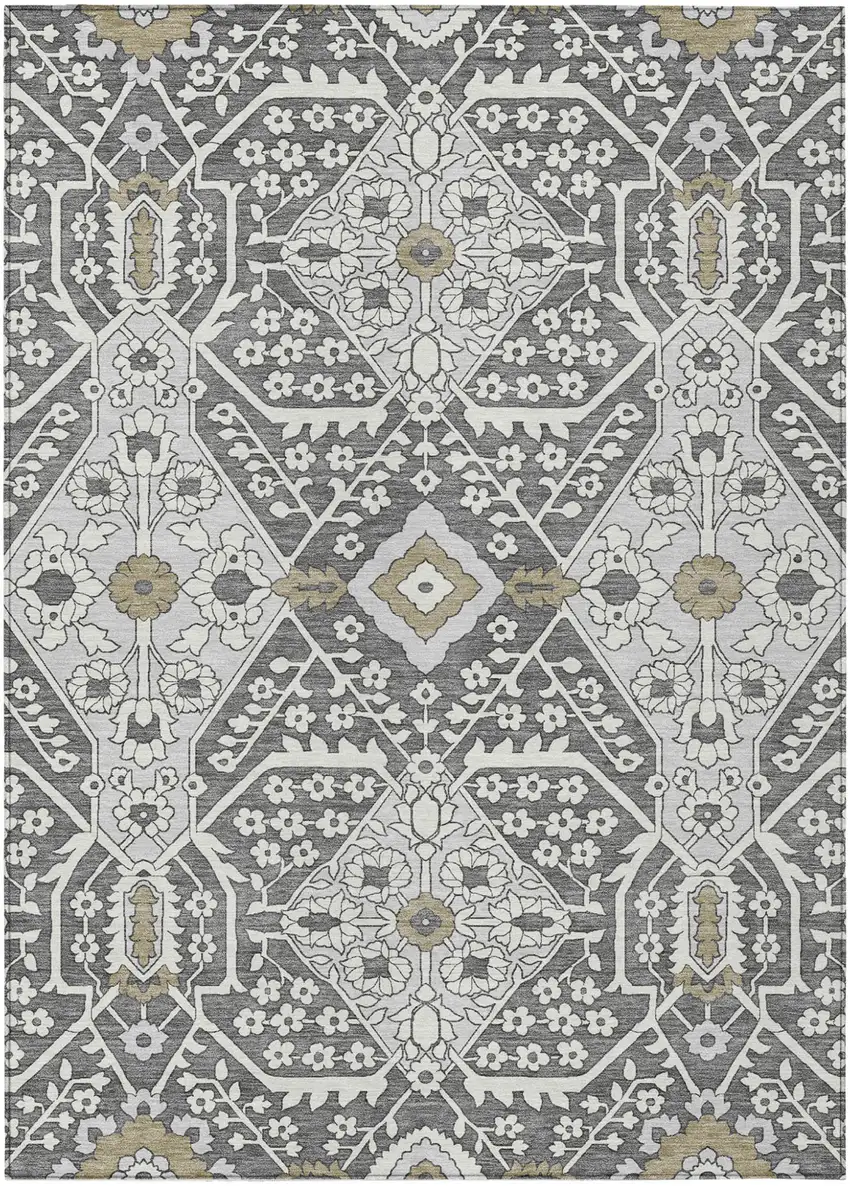 Charcoal Gray And Taupe Floral Washable Indoor Outdoor Area Rug Photo 2