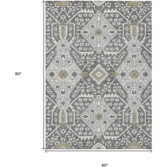 Charcoal Gray And Taupe Floral Washable Indoor Outdoor Area Rug Photo 3